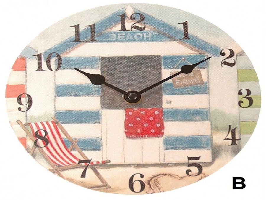 Wood beach hut design clock 
(dia 20cm)