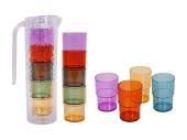 Plastic pitcher and 4x coloured tumblers* Plastic pitcher and 4x coloured tumblers*