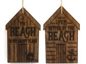14cm hanging wooden beach hut plaque - 2asstd.