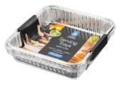 Pack 2, square foil serving trays with lids* (220x220x35mm) Pack 2, square foil serving trays with lids* (220x220x35mm)