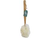 Body sponge with bamboo handle.