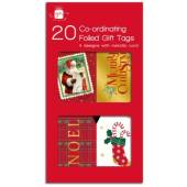 Pack 20, (4x designs) foiled gift tage with metallic cord.
