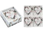 Set 4, wooden Christmas heart wreath coasters in holder. Set 4, wooden Christmas heart wreath coasters in holder.