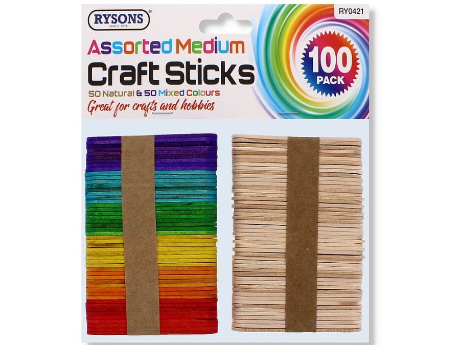 Pack 100, 8cm craft sticks*
(50x natural and 50x coloured) Pack 100, 8cm craft sticks*
(50x natural and 50x coloured)