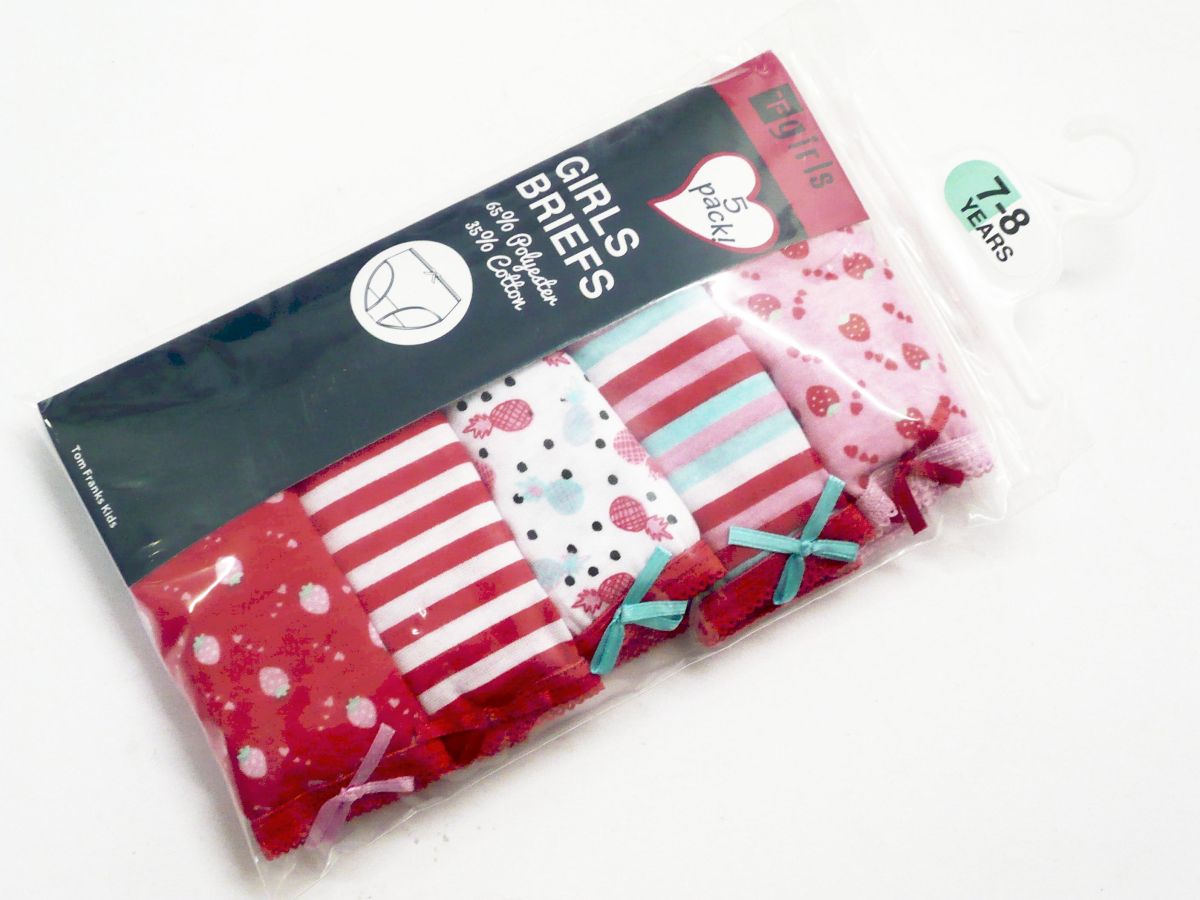 Pack 5, girls fruit/stripe briefs   (2/3-3/4-5/6-7/8)*
