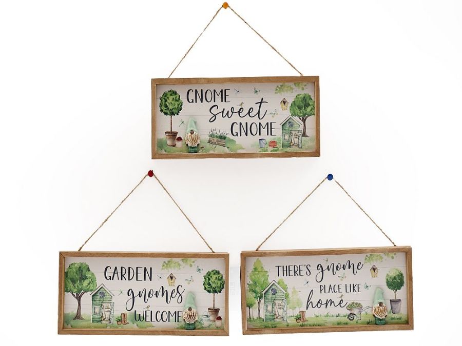 Wood hanging gnome plaque - 3asstd*   (30x12cm)