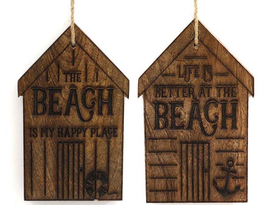 14cm hanging wooden beach hut plaque - 2asstd.
