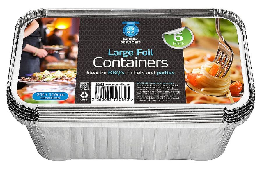 Pack 6, foil containers with lids* (204x110x53mm) Pack 6, foil containers with lids* (204x110x53mm)