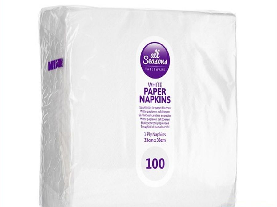 Pack 100, 1ply white napkins*
(33x33cm) Pack 100, 1ply white napkins*
(33x33cm)