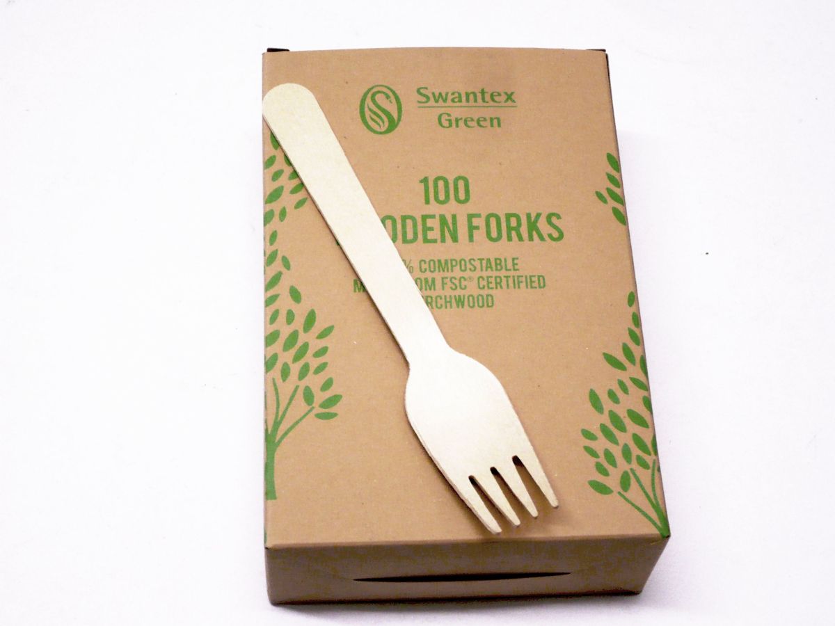 Box 100, compostable wooden forks.