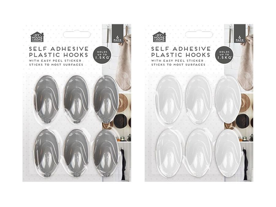 Pack 6, self adhesive plastic hooks (up to 1.5Kg)*