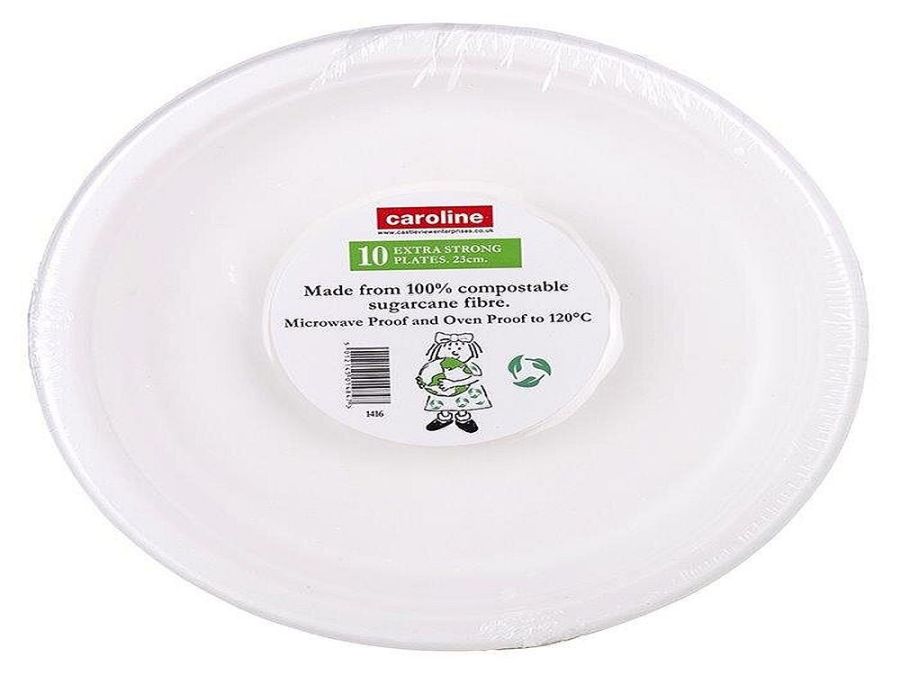 Pack 10, compostable bagasse plates - 23cm.REDUCED £1