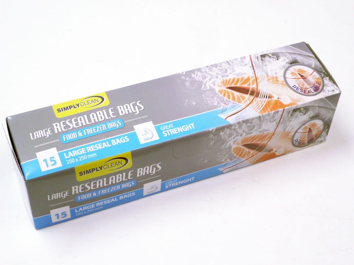 Box 15, large resealable food/freezer bags*
(250x250mm)