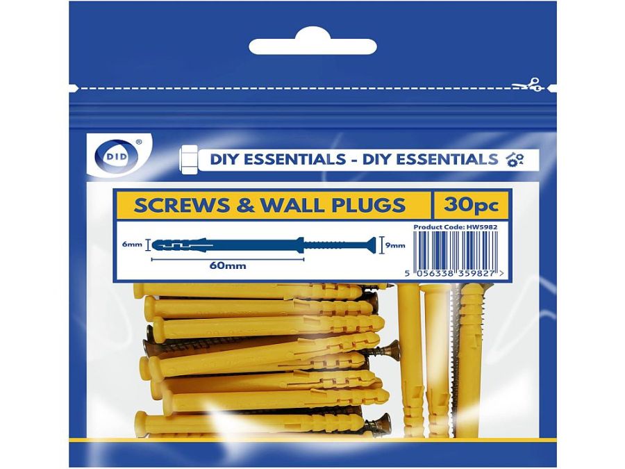 Pack 30, 60mm screws and wall plugs*