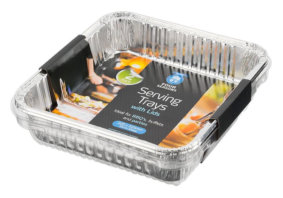 Pack 2, square foil serving trays with lids* (220x220x35mm) Pack 2, square foil serving trays with lids* (220x220x35mm)