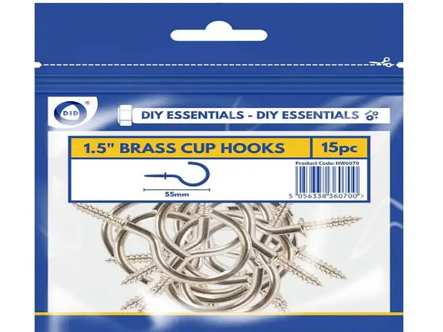 Pack 15, 1.5" brass cup hooks*