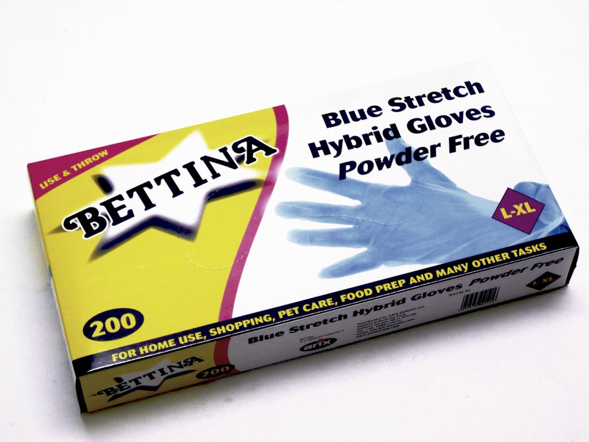 Box 200, blue stretch hybrid gloves - powder free.
(L-XL)