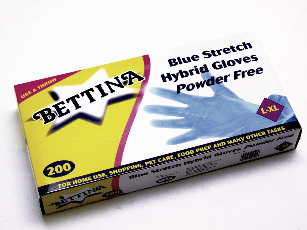 Box 200, blue stretch hybrid gloves - powder free.
(S-M/L-XL)