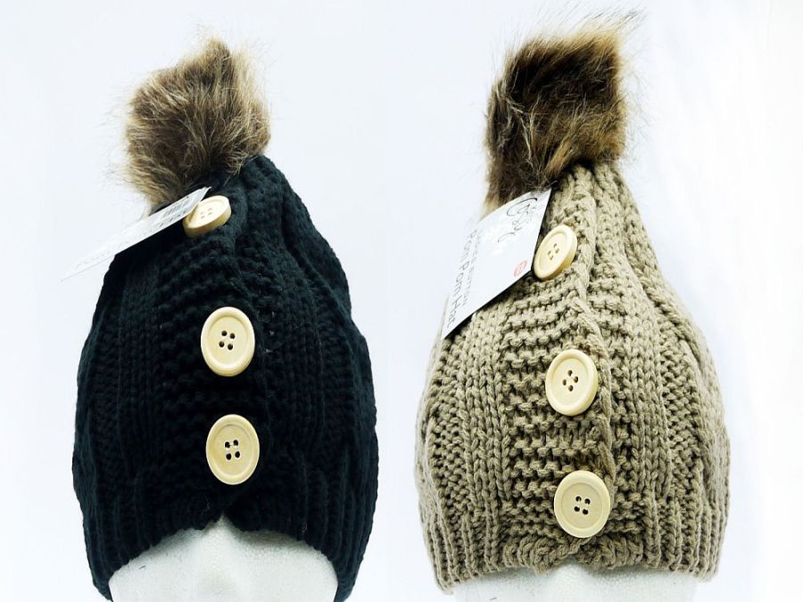 Ladies knitted hat with buttons and pom pom - 3/cols (black/taupe/cream)*