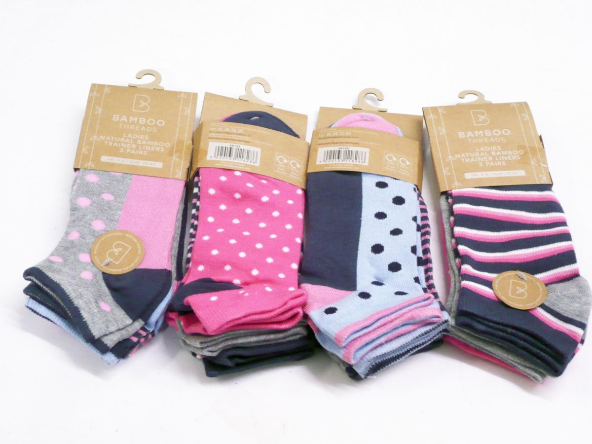 Ladies spot/stripe bamboo trainer socks.
(3pkt x4)