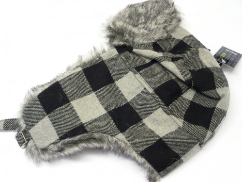 Checked trapper hat with faux fur, red/brown/grey