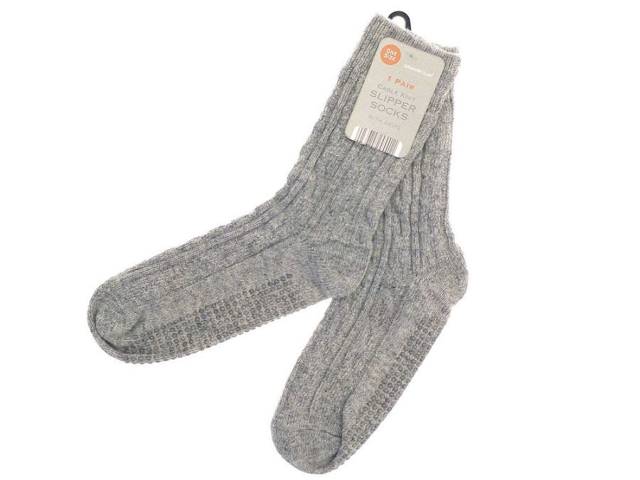 Cable knit grey slipper socks with grips.