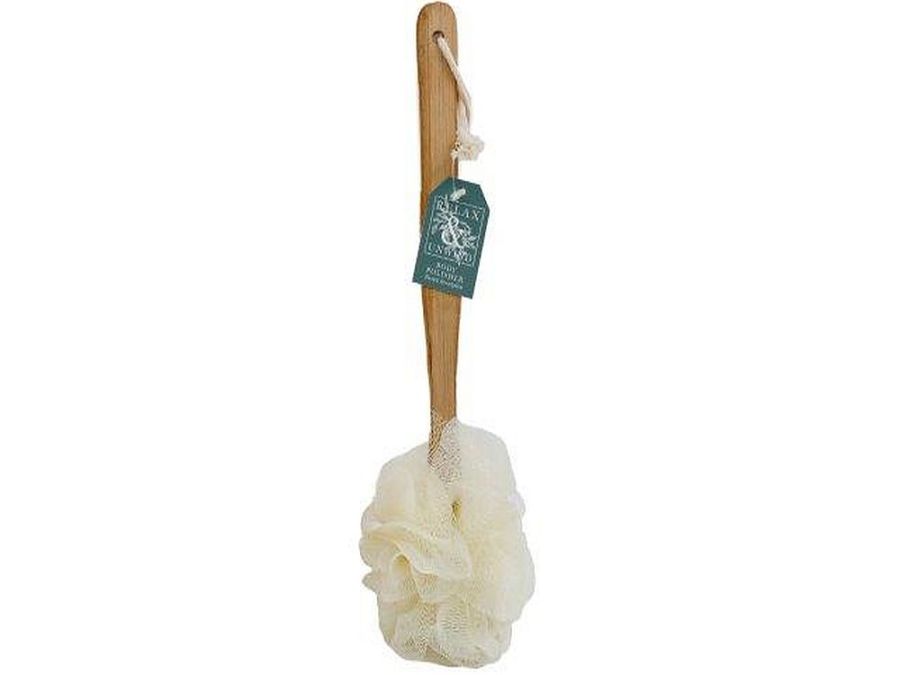 Body sponge with bamboo handle.