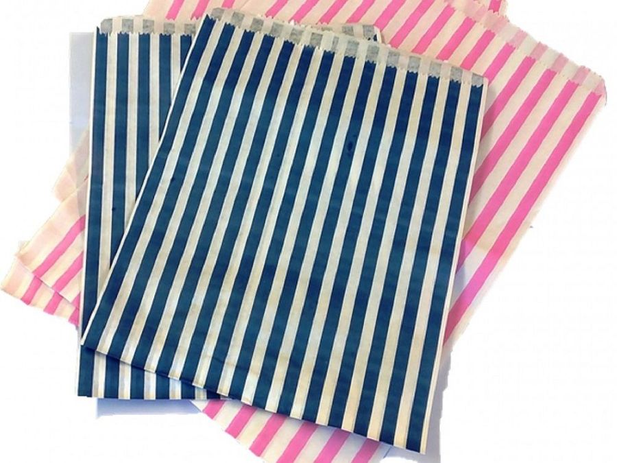 Pack 1000, BLUE striped paper bags*   (5 x 7")