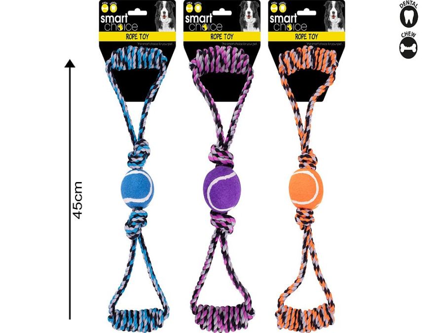 Tennis ball/rope dog toy - 3/cols*