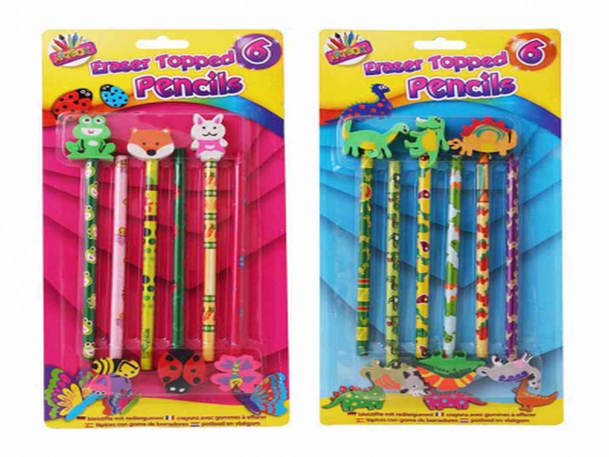Pkt 6 asstd eraser topped pencils*