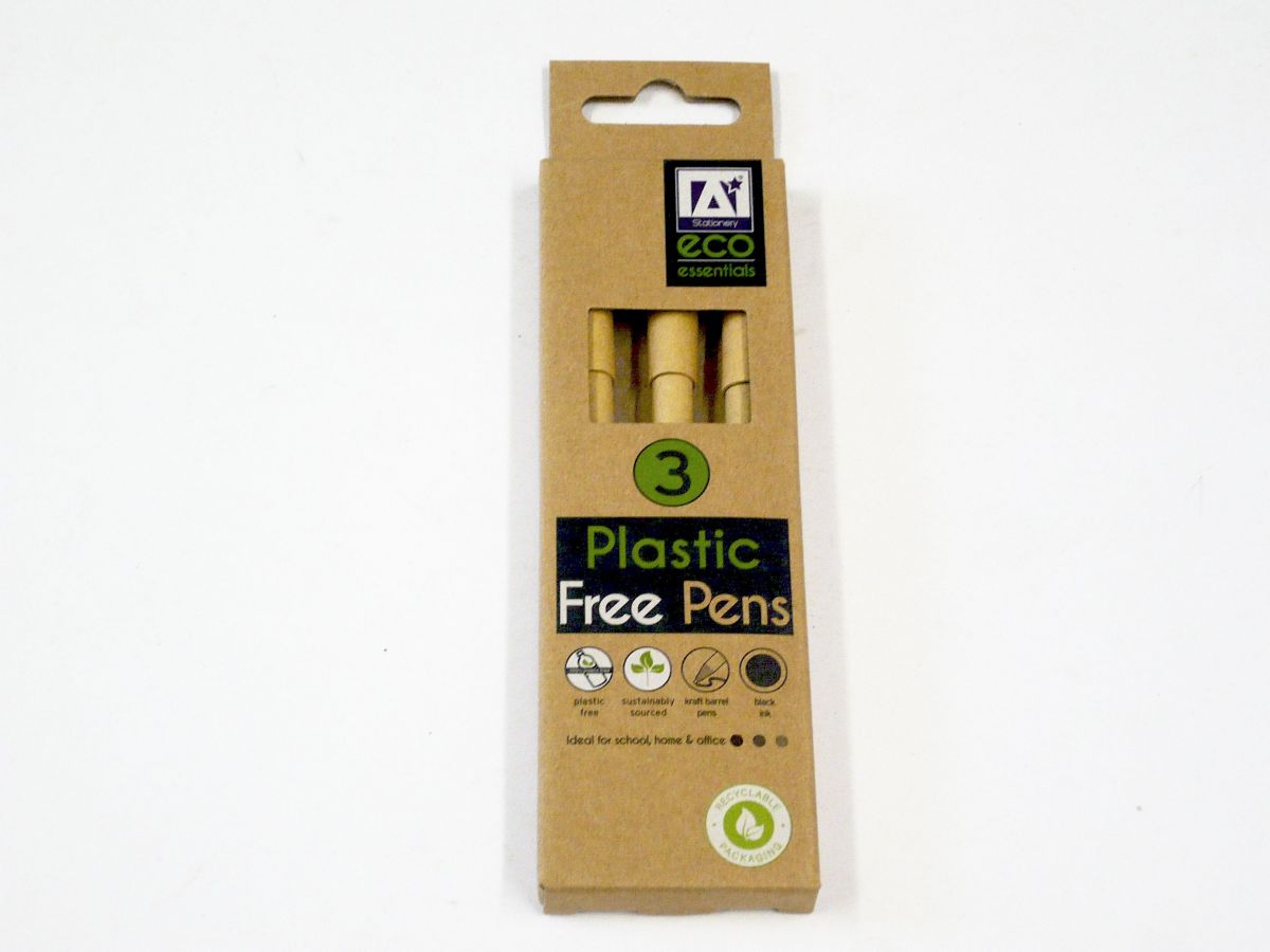 Pack of 3, plastic free pens - black ink.