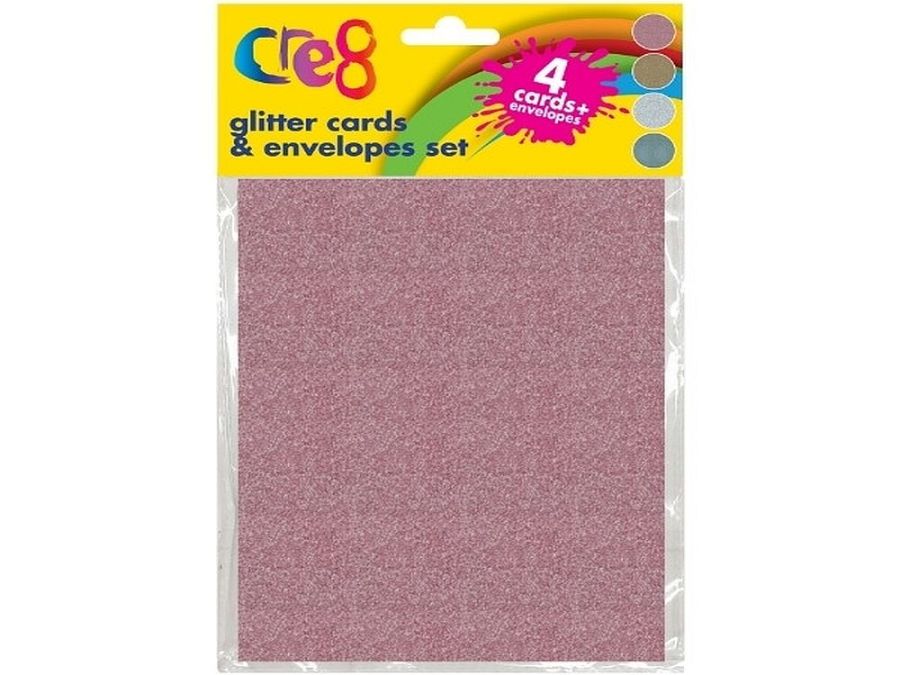 Pack 4, 4/cols glitter cards and envelopes (17x12cm).