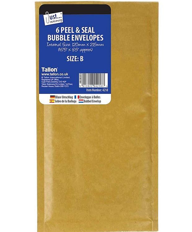 Pack 6, size B bubble envelopes (120x215mm)
