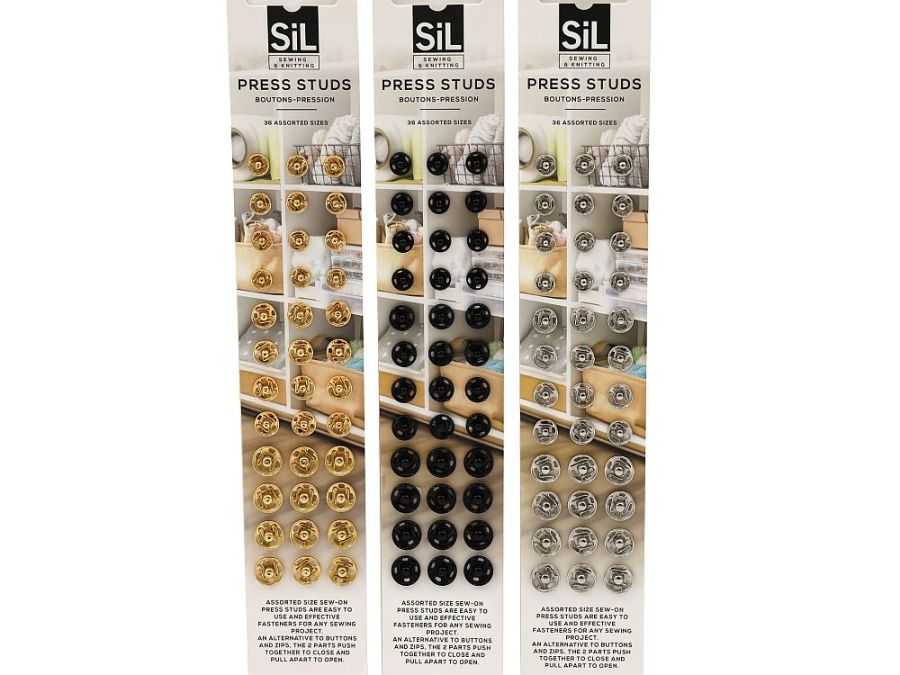 Pack 36, assorted sizes press studs - 3/cols*