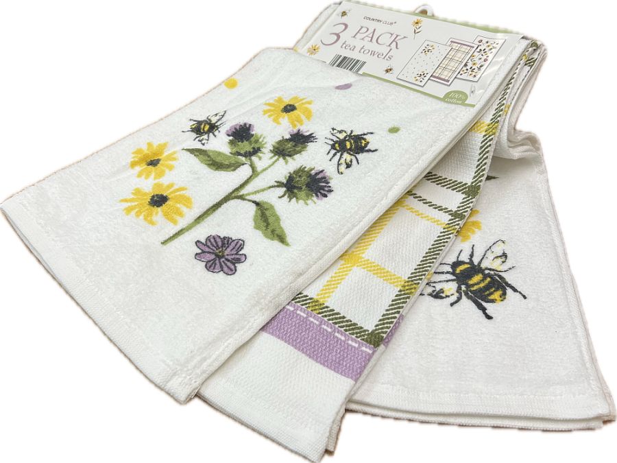 Pack 3, floral/bee cotton tea towels.