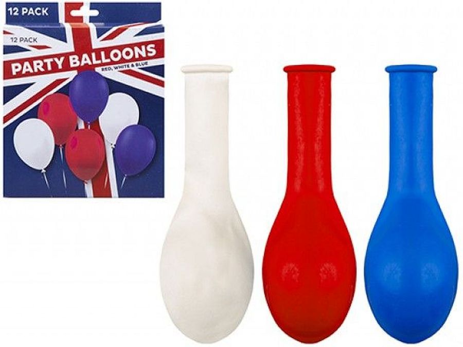 Pack 12, red/white/blue balloons.