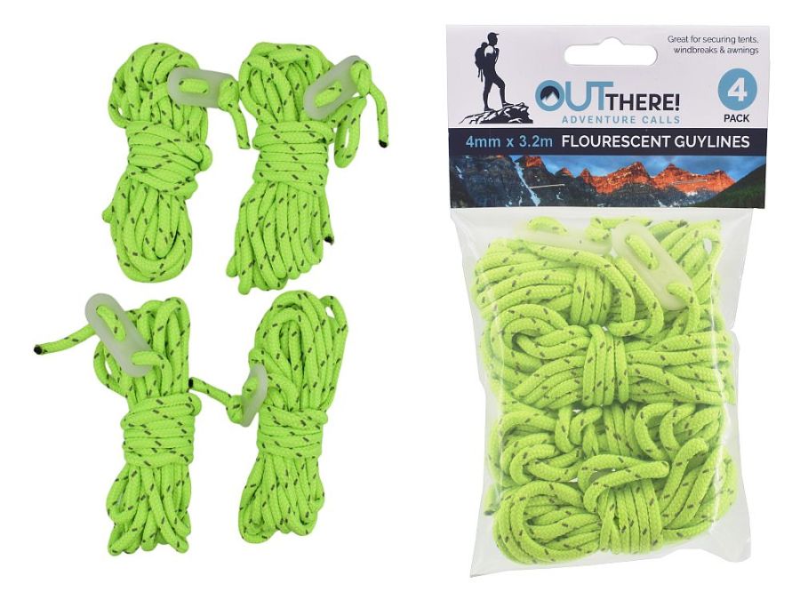 Pack 4, 4mmx3.2m fluorescent guy lines. Pack 4, 4mmx3.2m fluorescent guy lines.