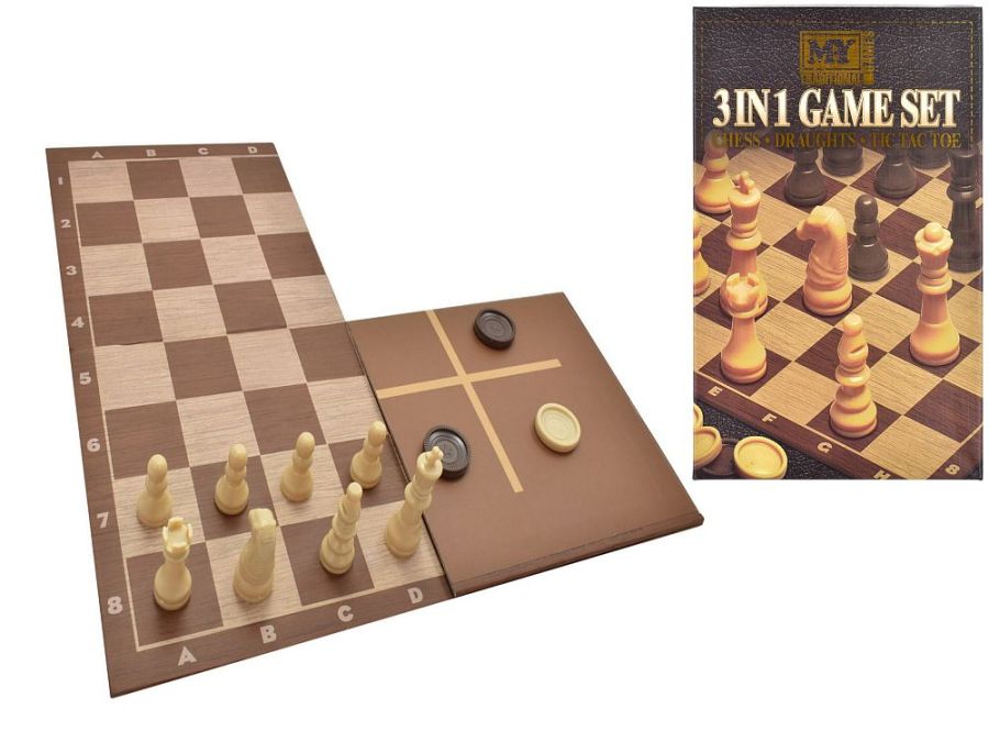 3-in-1 game set.
(chess/draughts/tic tac toe)