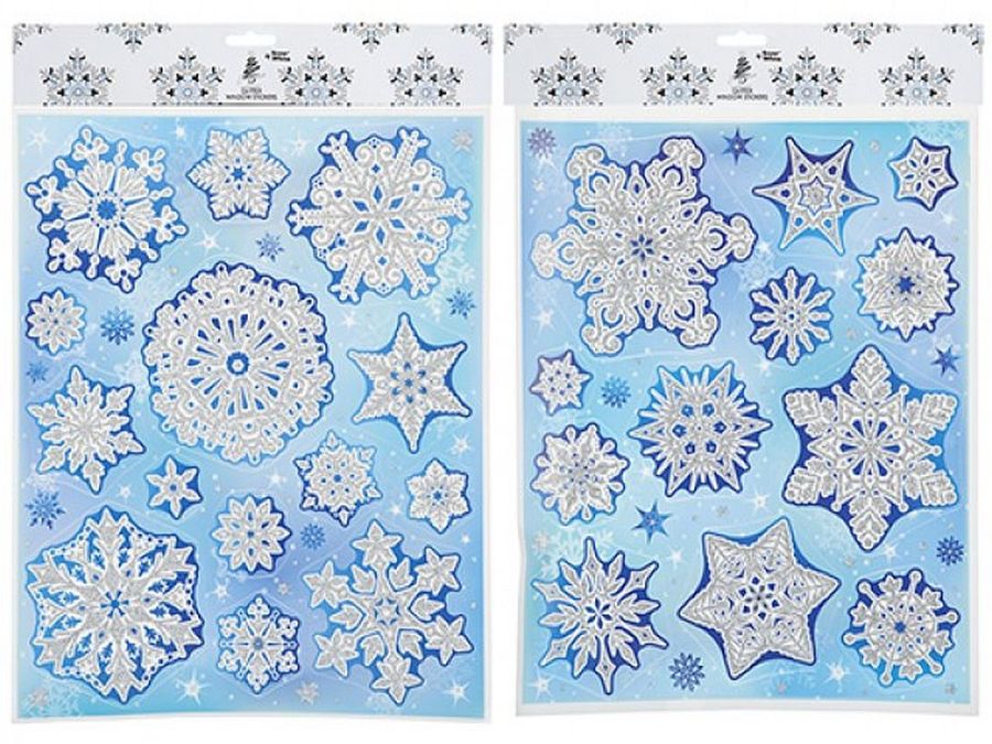 Glitter snowflake Christmas window stickers - 4asstd.