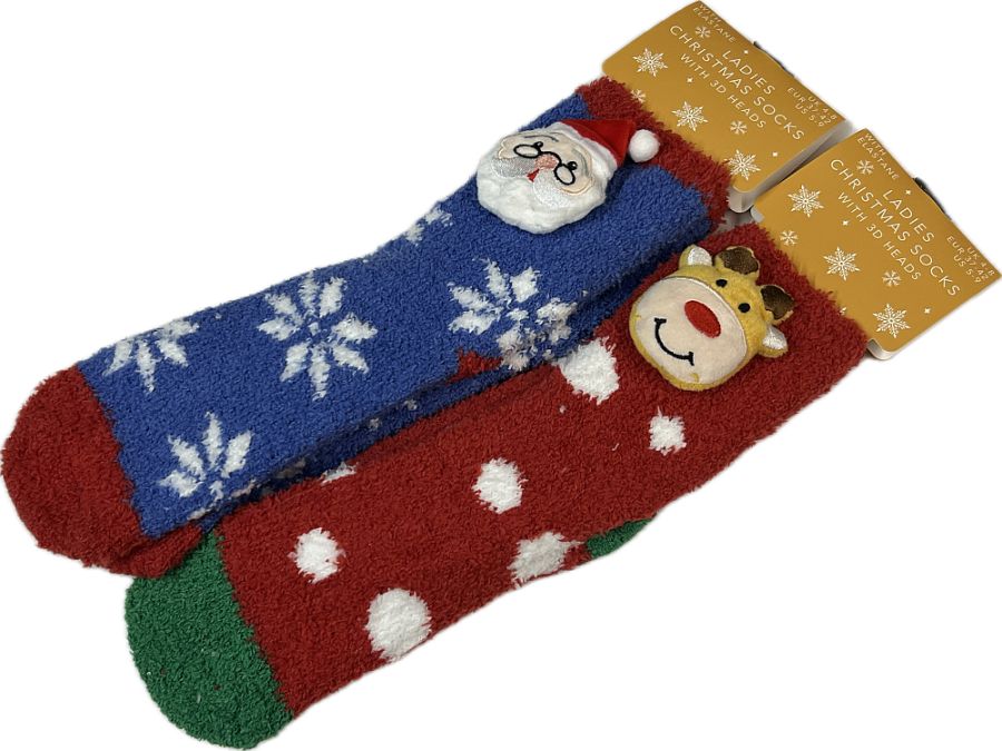 Ladies 3d face Christmas socks with grippers - 2asstd.