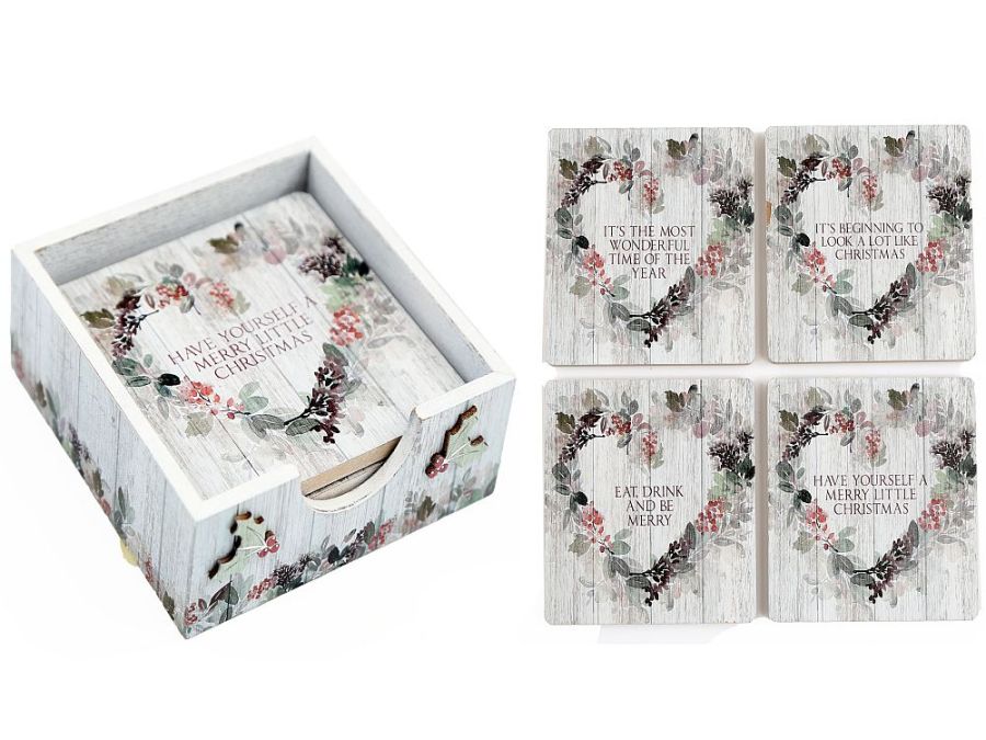 Set 4, wooden Christmas heart wreath coasters in holder.