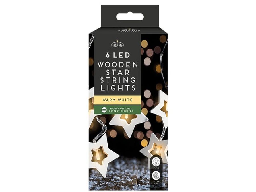 6 led wooden star string lights - WARM WHITE (indoor only) 6 led wooden star string lights - WARM WHITE (indoor only)