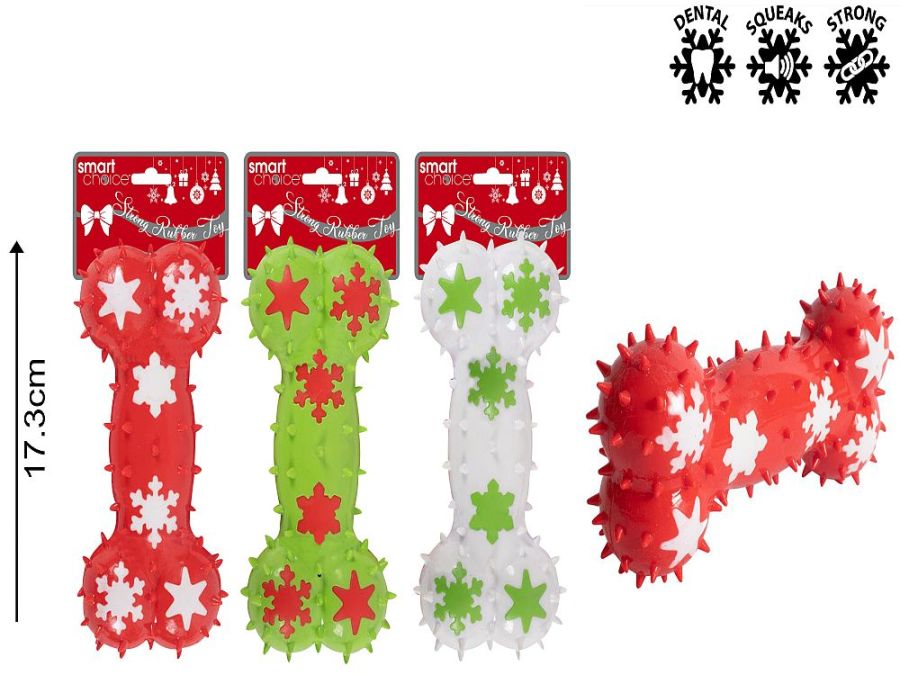 Spikey rubber snowflake bone dog toy 3/cols.
