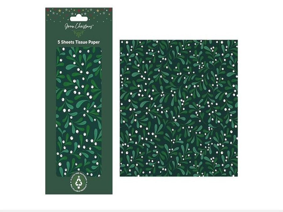 Pack 5 sheets, green mistletoe tissue paper  (50x70cm)